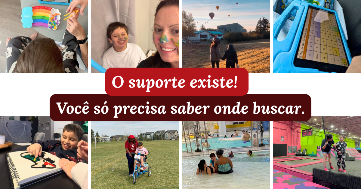 Colagem de fotos mostrando crianças com deficiência em atividades em Calgary — bicicleta adaptada, piscina, parque, atividades terapêuticas — e a Gabi sorrindo com uma das crianças